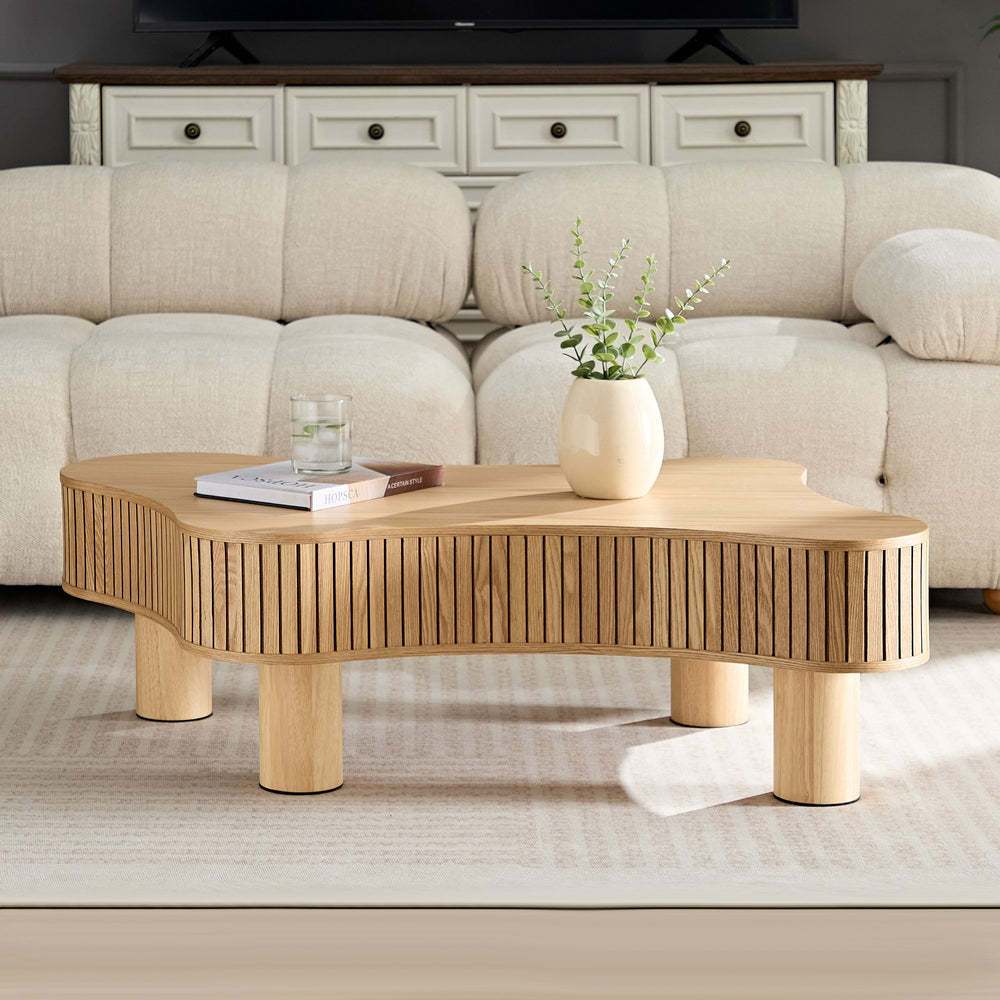 English Elm 42.52 Inch Modern Wooden Handcraft Drum Coffee Table with Irregular Top and Solid Rubberwood Legs, Sturdy Stylish Centerpiece Natural W2582P279956