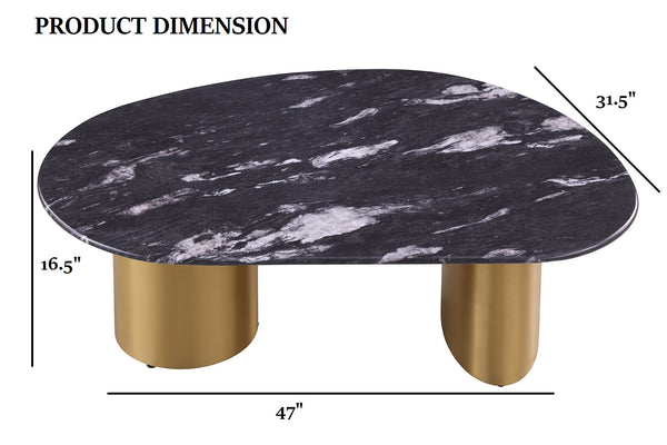 English Elm 1pc Oval Coffee Table with Sintered Stone Top, Matte Gold Legs, Black & Gray Two-Tone Curved Edge Finish B2741S00641