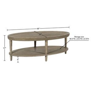 JLA Home Martha Stewart - Oval Reclaimed Greige Coffee Table with Raised Edge, Lower Shelf & Turned Legs — Farmhouse Chic Durable Design MT120-1200