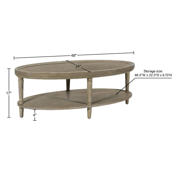 JLA Home Martha Stewart - Oval Reclaimed Greige Coffee Table with Raised Edge, Lower Shelf & Turned Legs — Farmhouse Chic Durable Design MT120-1200