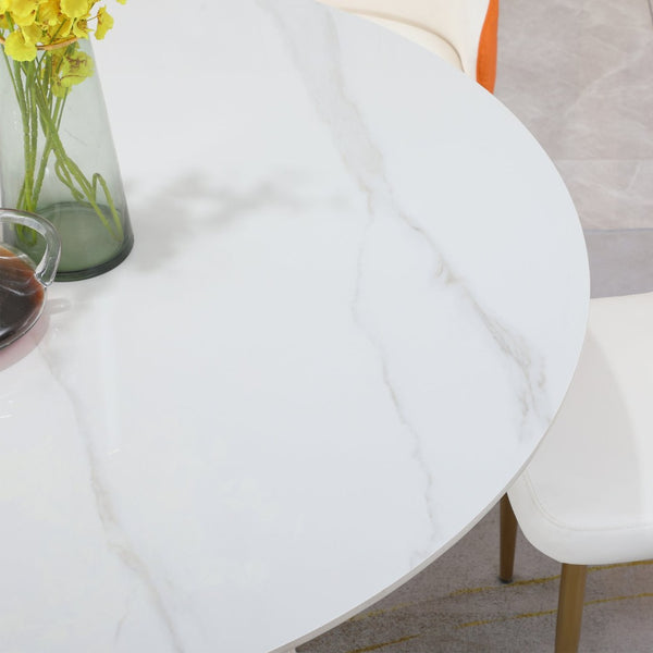 English Elm 53 Inch Round Sintered Stone Dining Table Carrara Marble Look Seats Eight W509S00172