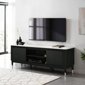 English Elm Contemporary Maidstone TV Console with Sintered Stone Top, Silver-Capped Arrow Legs, Open Storage Black,White 75 L x 21 W x 24 H B2741P402568