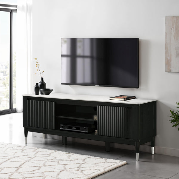 English Elm Contemporary Maidstone TV Console with Sintered Stone Top, Silver-Capped Arrow Legs, Open Storage Black,White 75 L x 21 W x 24 H B2741P402568