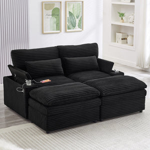 English Elm Loveseat Convertible Sectional Sofa Bed with Storage, Two Ottomans, Dual USB Ports & Cup Holders Black N719S002140B