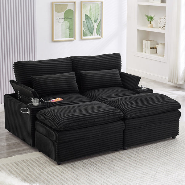 English Elm Loveseat Convertible Sectional Sofa Bed with Storage, Two Ottomans, Dual USB Ports & Cup Holders Black N719S002140B