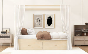 English Elm Wooden Canopy Queen Bed Solid Frame with Built-in Storage Drawers Slatted Base Natural N7090005037N