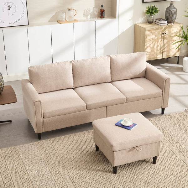 English Elm Small L-Shaped Sofa with Storage Ottoman and Side Pockets, Velvet 3-Seat Space-Saving Couch Beige W2705P255381