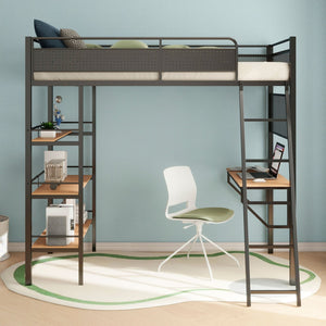 English Elm William Twin Loft Bed with Built-in Desk and Shelves Industrial Steel Frame B062S01720