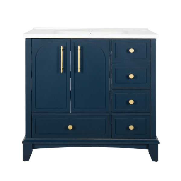 English Elm 35.6" Freestanding Bathroom Vanity with Roman Column Base and Ceramic Integrated Sink Blue W1801S00002