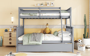 English Elm Twin Over Full Bunk Bed With Trundle, Detachable Ladder, Rustic Grey Wood, Space-Saving Design W504S00186-GIGA