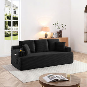 English Elm Boneless Floor Sofa Corduroy Upholstered 5 Seat Low Profile with Cup Holders for Living Room Black W1117S00435