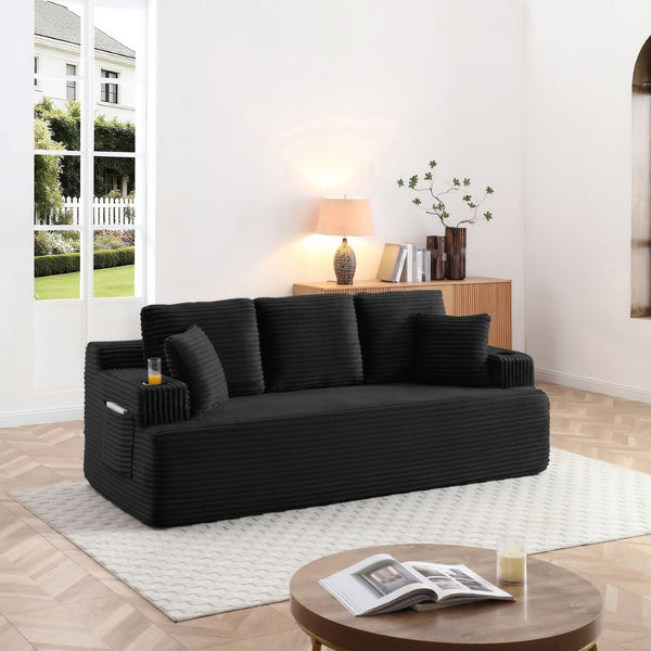 English Elm Boneless Floor Sofa Corduroy Upholstered 5 Seat Low Profile with Cup Holders for Living Room Black W1117S00435