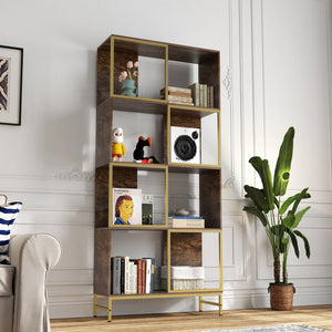 English Elm 4-Tier Industrial Bookcase with Rustic Wood & Gold Metal Frame, Asymmetrical Shelves for Small Spaces W2167P192763