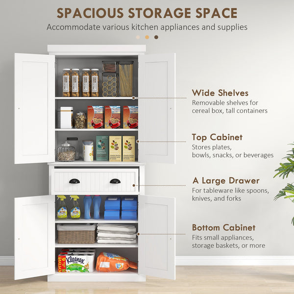 English Elm Homcom 72" Farmhouse Kitchen Pantry Cabinet With Adjustable Shelves, Drawer & Magnetic Doors, White W2225S00043