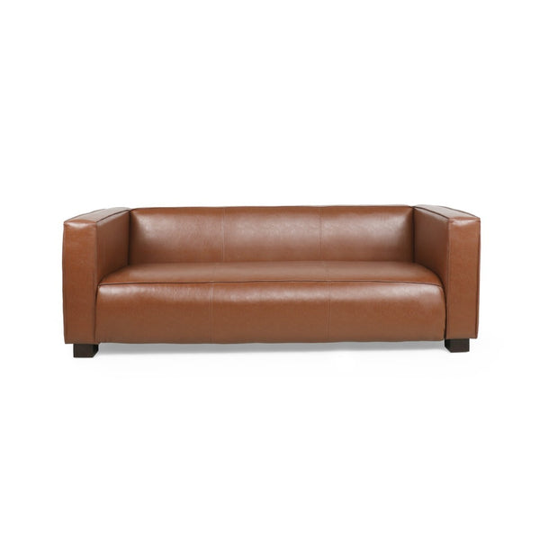 English Elm Light Brown Leather Three Seat Sofa with Dark Wood Legs for Modern Living Rooms N770P387768E