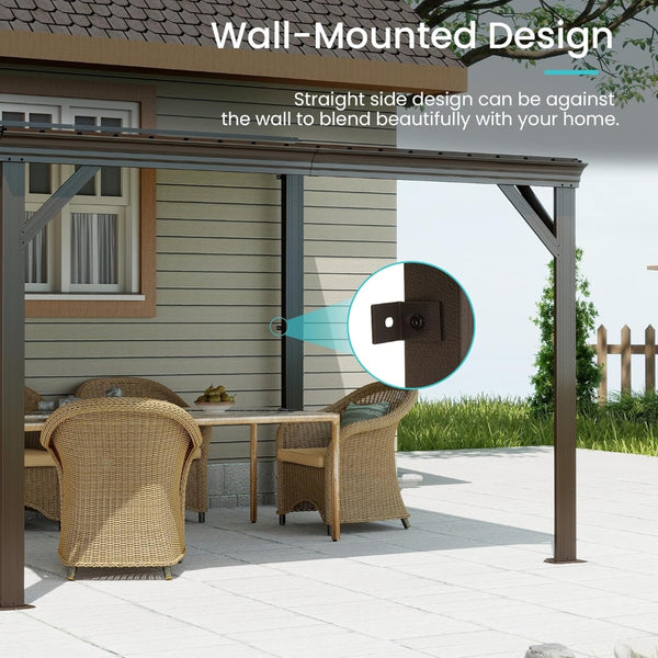 English Elm 10x12ft Lean to Hardtop Gazebo Wall Mounted Steel Roof Shelter for Deck Patio Brown W1859S00194