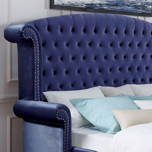 English Elm Glamorous Blue Velvet-Like Queen Bed with Tufted Wingback Headboard, Crystal Buttons & Nailhead Trim B2741S00211