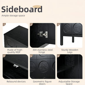 English Elm Stylish Geometric Circle Door Sideboard Cabinet with MDF Solid Wood Legs Adjustable Shelves Black W2696P256250