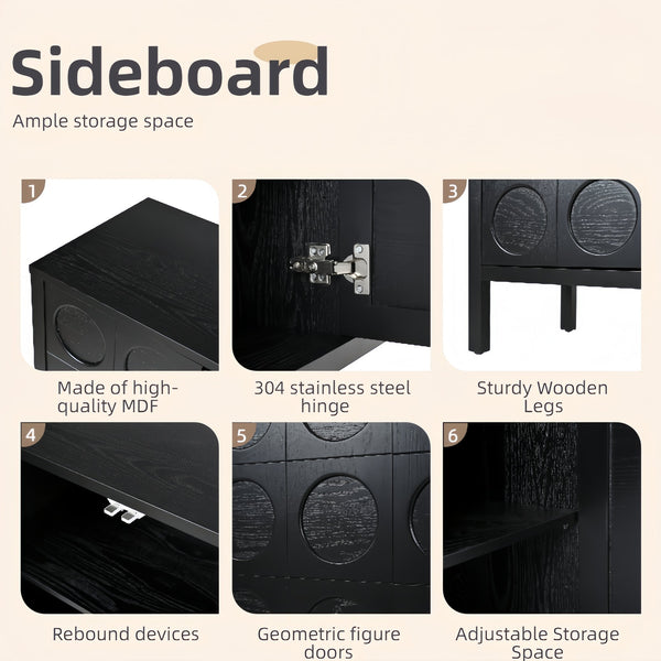 English Elm Stylish Geometric Circle Door Sideboard Cabinet with MDF Solid Wood Legs Adjustable Shelves Black W2696P256250