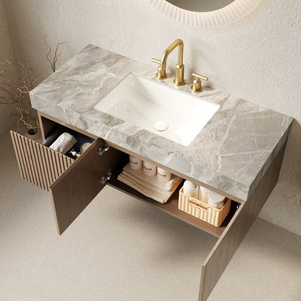 English Elm Muri Floating Bathroom Vanity Plywood Cabinet Sintered Stone Top Woodgrain Finish W2615S00600