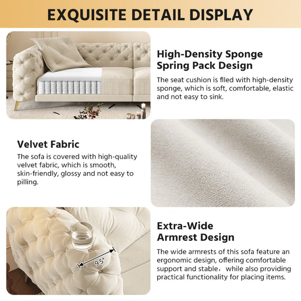 English Elm 97.6" Oversized Velvet Chesterfield Sleeper Sofa Floral Tufted Roll Arm Living Room Couch Beige+White W1885S00200