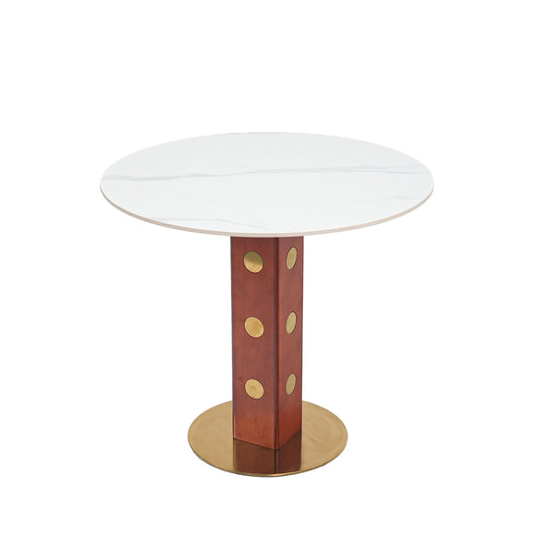 English Elm Modern Round Dining Table - 33.5" Sintered Stone Top With Wooden Legs & Gold Base For Small Spaces P1 W1535S00584-GIGA