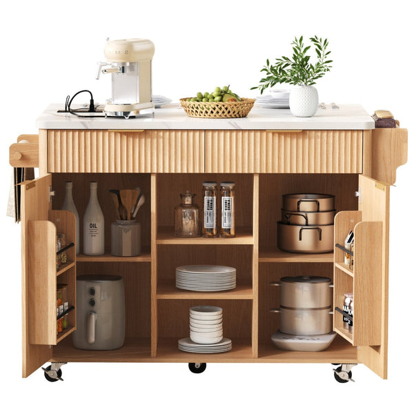 English Elm K&k Fluted Rolling Kitchen Island Faux Marble Top Power Outlet Drop Leaf Storage Natural N707S000019Y