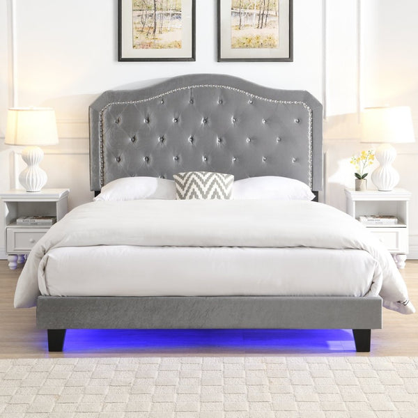 English Elm Upholstered Queen Platform Bed Grey Velvet Tufted Curved Headboard with Led Lighting W311P228694