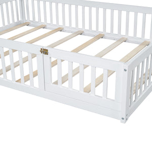 English Elm Wood House Platform Bed Full Size with Guardrail & Playful Frame, Sturdy Pine, Kid-Safe Design White N709P171852K