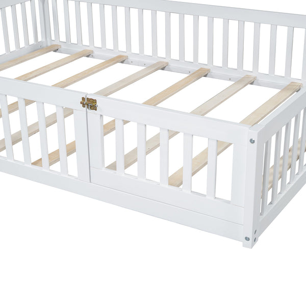 English Elm Wood House Platform Bed Full Size with Guardrail & Playful Frame, Sturdy Pine, Kid-Safe Design White N709P171852K