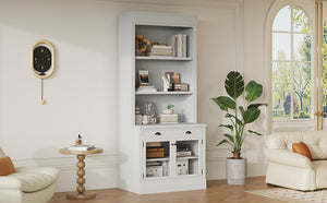 English Elm 83.4"Tall Modern Bookcase With Glass Doors & Drawer - Stylish Storage For Living Room Or Office Use N751S323419K
