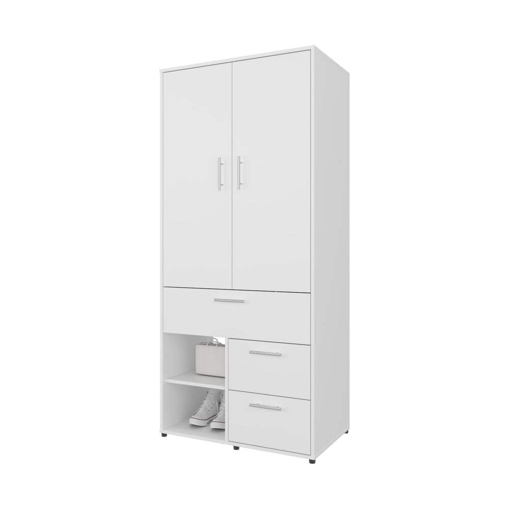 English Elm Care Free Multi-Storage Wardrobe with Rod, Drawers & Open Shelves — Compact White Bedroom Organizer B128S00178