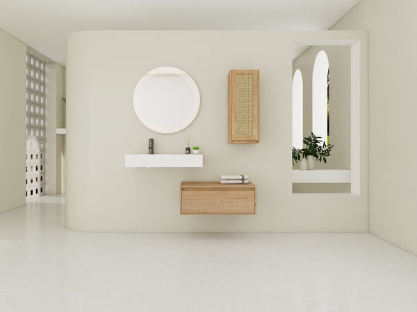 English Elm 30 Inch Wall-Mounted Bathroom Vanity With Soft-Close Drawer & Resin Sink, Space-Saving Design W999S00348