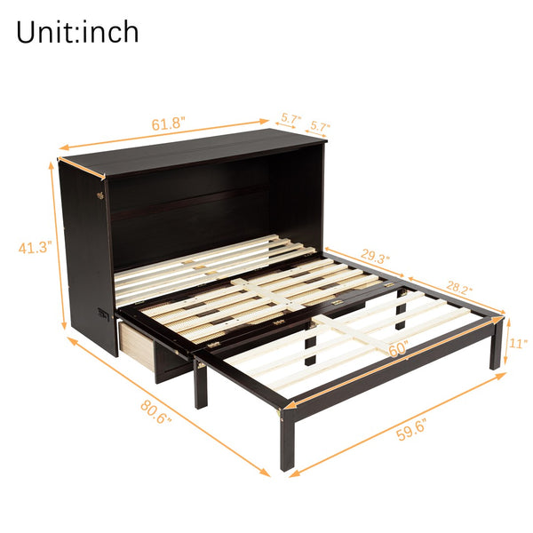 English Elm Queen Size Murphy Bed – Elegant Pine Wood Cabinet With Power Station & Rattan Accents, Espresso Finish W504S00235-GIGA