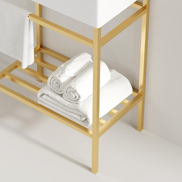English Elm Lofi Gold Iron Freestanding Bathroom Shelf Frame with Towel Rack and Storage Tier W2615P230675