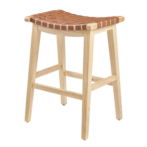 New Pacific Direct Marco Japandi Style Backless Counter Stool – 26" Height, Woven Faux Leather, Solid Wood Legs, Chic Design Ochre Brown  3900084-605-npd