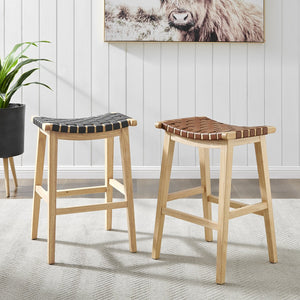 New Pacific Direct Marco Japandi Style Backless Counter Stool – 26" Height, Woven Faux Leather, Solid Wood Legs, Chic Design Ochre Brown  3900084-605-npd