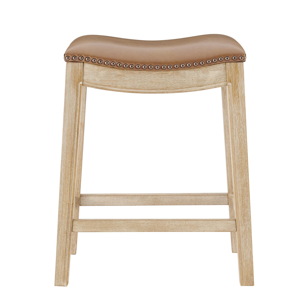 New Pacific Direct Elmo Faux Leather Counter Stool - Stylish 24" Saddle Seat With Coastal Vibes & Antique Brass Accents Borneo Chocolate  3900088-601-npd