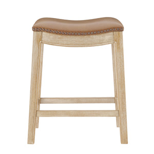 New Pacific Direct Elmo Faux Leather Counter Stool - Stylish 24" Saddle Seat With Coastal Vibes & Antique Brass Accents Borneo Chocolate  3900088-601-npd