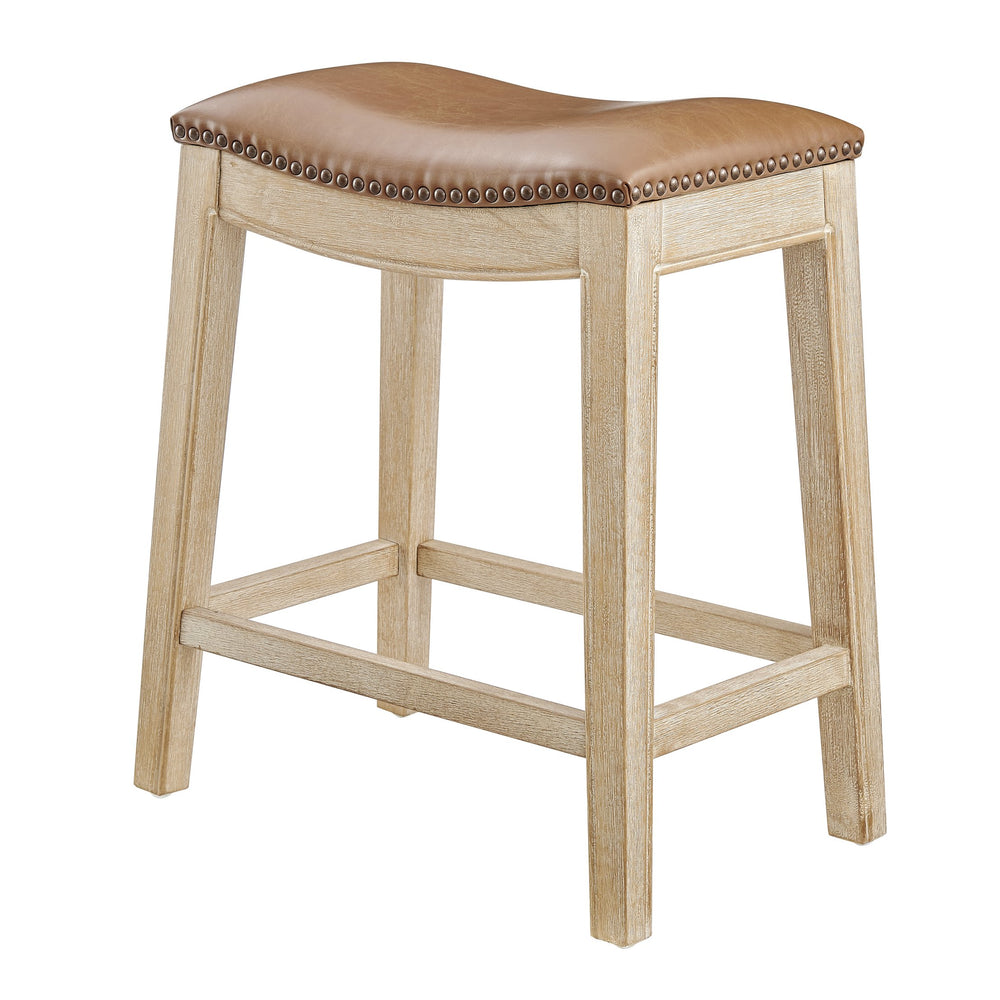 New Pacific Direct Elmo Faux Leather Counter Stool - Stylish 24" Saddle Seat With Coastal Vibes & Antique Brass Accents Borneo Chocolate  3900088-601-npd