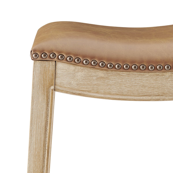 New Pacific Direct Elmo Faux Leather Counter Stool - Stylish 24" Saddle Seat With Coastal Vibes & Antique Brass Accents Borneo Chocolate  3900088-601-npd