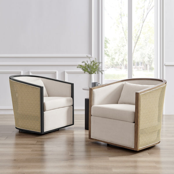 New Pacific Direct Marilyn Swivel Accent Arm Chair – Stylish Barrel-back Design With Rattan Frame And Cozy Upholstery Shortbread,Natural 100% Polyester 3900130-n-npd