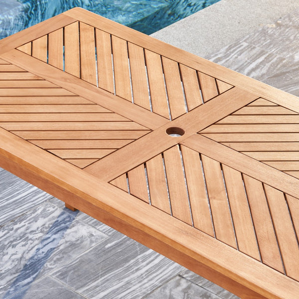 Homeroots 59" Natural Eucalyptus Slat Wood Straight Outdoor Dining Table With Umbrella Hole  Wood 390029