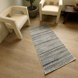 HomeRoots 20' Navy Blue Abstract Runner Rug - Handcrafted Turkish Design for Hallways & Entryways, Soft & Durable 2' x 20' 390063