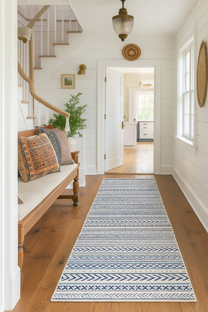 HomeRoots 20' Navy Blue Abstract Runner Rug - Handcrafted Turkish Design for Hallways & Entryways, Soft & Durable 2' x 20' 390063