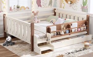 English Elm Queen Bunk Bed with Trundle Solid Pine Kids Car Themed Frame Built-in Bookshelf Beige W1580S00542