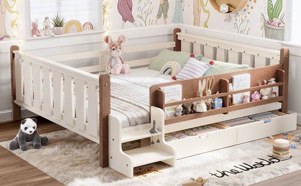English Elm Queen Bunk Bed with Trundle Solid Pine Kids Car Themed Frame Built-in Bookshelf Beige W1580S00542