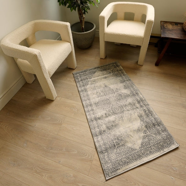 HomeRoots 2' Gray Distressed Medallion Runner Rug - Timeless Elegance for Hallways with Luxurious Comfort & Style 2' x 13' 390075