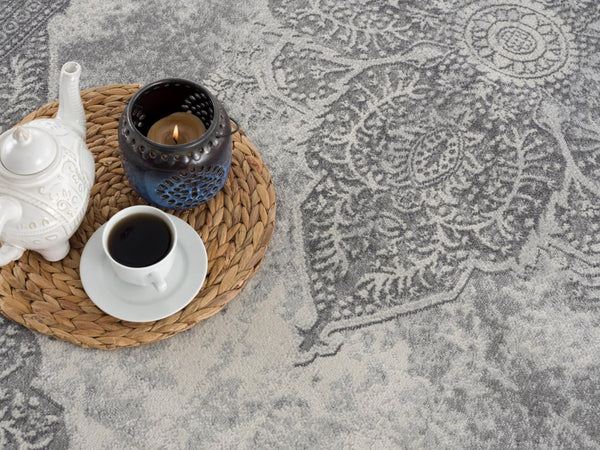 HomeRoots 2' Gray Distressed Medallion Runner Rug - Timeless Elegance for Hallways with Luxurious Comfort & Style 2' x 13' 390075
