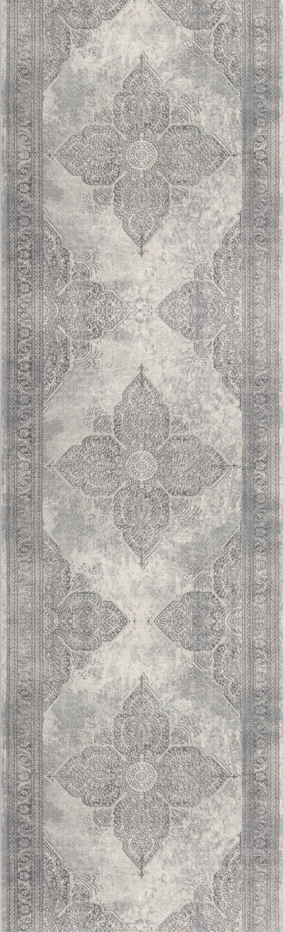 HomeRoots 2' Gray Distressed Medallion Runner Rug - Timeless Elegance for Hallways with Luxurious Comfort & Style 2' x 13' 390075
